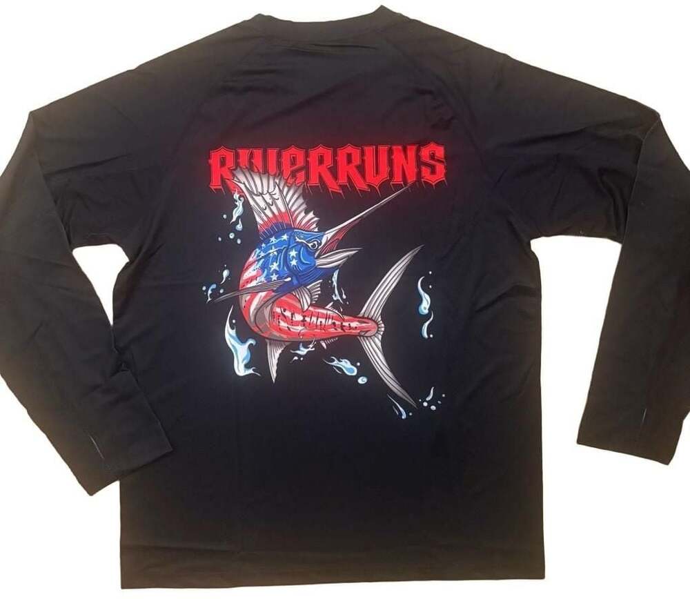 Riverruns Mens UPF 50+ Long Sleeve Fishing T-Shirt American Marlin Black L NWT
